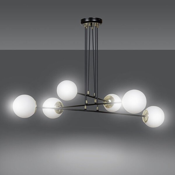 Lampadario Moderno 6 Luci Nu Kua Acciaio Nero Oro Vetro Sfera Opale