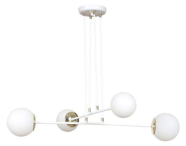Lampadario Moderno 4 Luci Nu Kua Acciaio Bianco Oro Vetro Sfera Opale