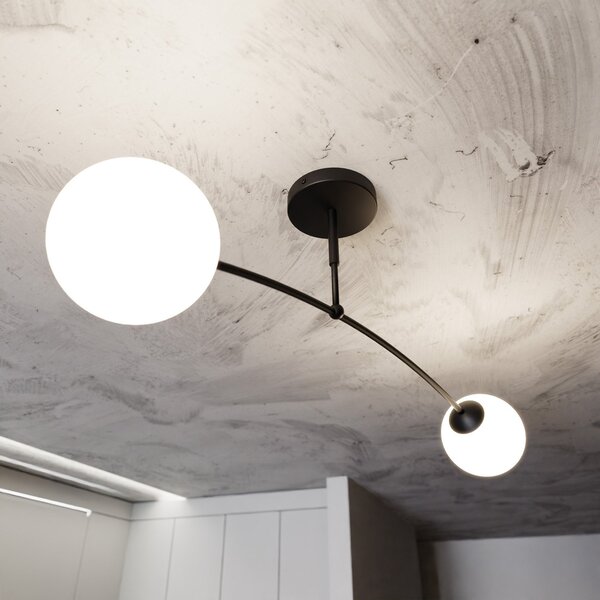 Plafoniera Moderna 2 Luci Wugu Acciaio Nero E Vetri A Sfera In Bianco