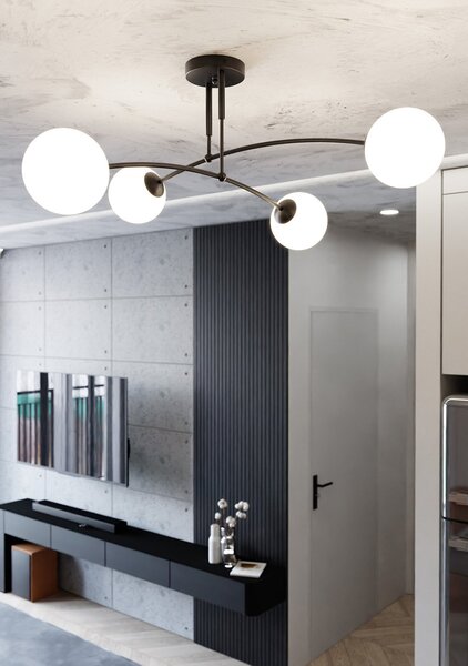 Plafoniera Moderna 4 Luci Wugu Acciaio Nero E Vetri A Sfera In Bianco