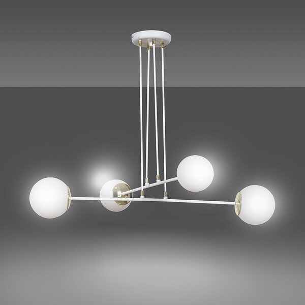 Lampadario Moderno 4 Luci Nu Kua Acciaio Bianco Oro Vetro Sfera Opale