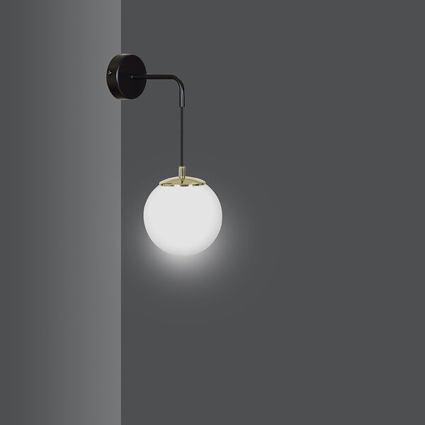 Applique Moderna 1 Luce Nu Kua Acciaio Nero E Oro E Vetro A Sfera Opale