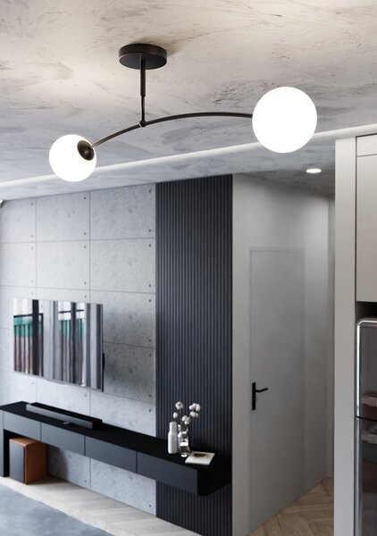 Plafoniera Moderna 2 Luci Wugu Acciaio Nero E Vetri A Sfera In Bianco