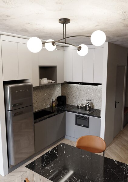 Plafoniera Moderna 4 Luci Wugu Acciaio Nero E Vetri A Sfera In Bianco