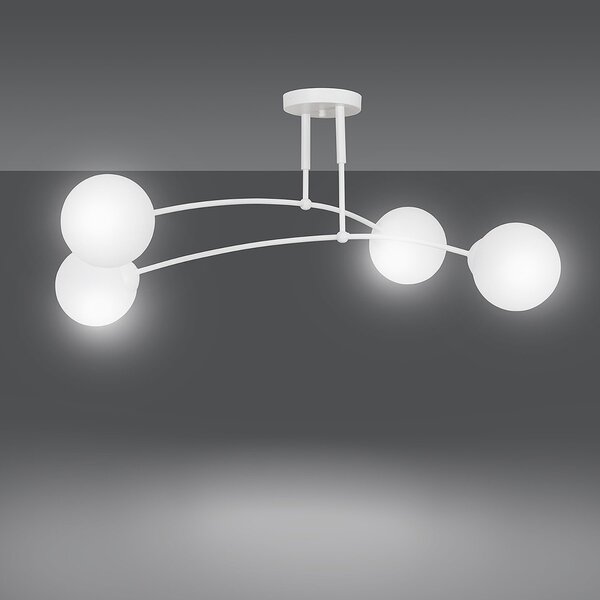 Plafoniera Moderna 4 Luci Wugu Acciaio Bianco E Vetri A Sfera In Bianco