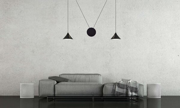 Sospensione Minimal 2 Luci Myrddin In Acciao Nero E Paralume A Cono