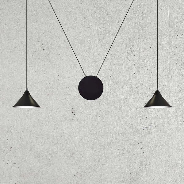 Sospensione Minimal 2 Luci Myrddin In Acciao Nero E Paralume A Cono