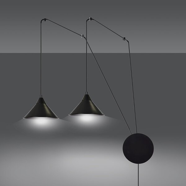 Sospensione Minimal 2 Luci Myrddin In Acciao Nero E Paralume A Cono