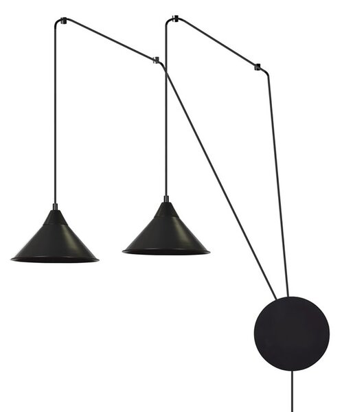 Sospensione Minimal 2 Luci Myrddin In Acciao Nero E Paralume A Cono