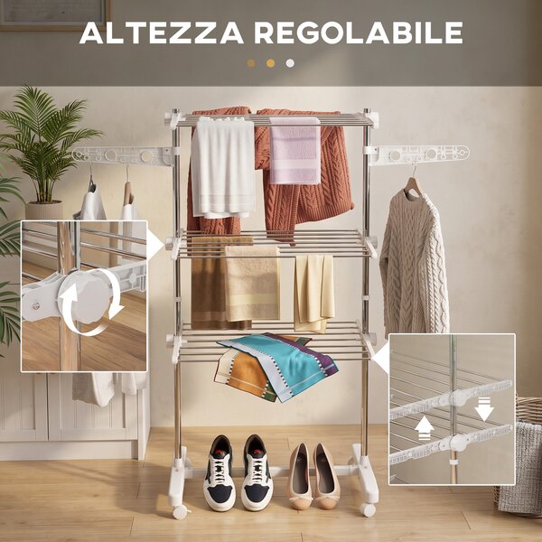 HomCom Stendino Premium 3 Piani Regolabile - Stendibiancheria di Lusso  in Acciaio Inox|Aosom