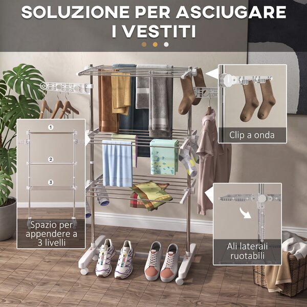 HomCom Stendino Premium 3 Piani Regolabile - Stendibiancheria di Lusso  in Acciaio Inox|Aosom