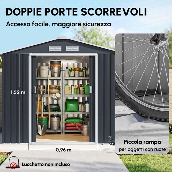 Outsunny Capanno Porta Attrezzi da Giardino con 2 Porte Scorrevoli e 4 Prese d'Aria, Casetta in Acciaio, 213x130x185cm, Grigio Scuro | Aosom Italy