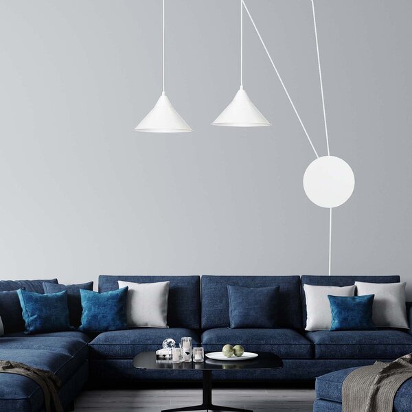 Sospensione Minimal 2 Luci Myrddin In Acciao Bianco E Paralume A Cono