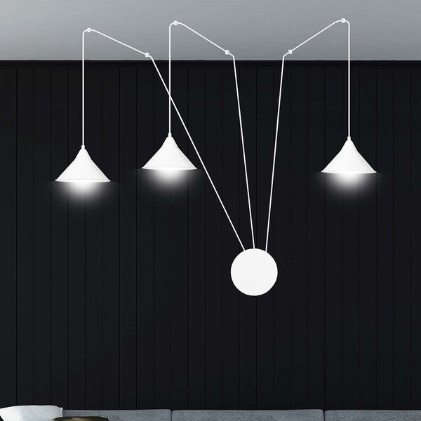 Sospensione Minimal 3 Luci Myrddin In Acciao Bianco E Paralume A Cono