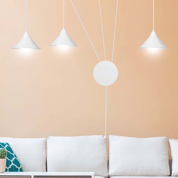 Sospensione Minimal 3 Luci Myrddin In Acciao Bianco E Paralume A Cono