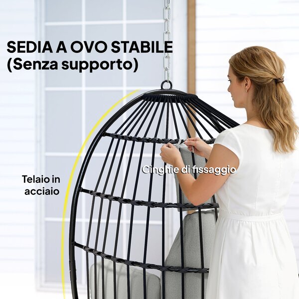 Outsunny Poltrona Sospesa a Uovo con Gancio, Cuscino e Poggiatesta, in Acciaio e Poliestere, 75x62x107 cm, Grigio | Aosom Italy