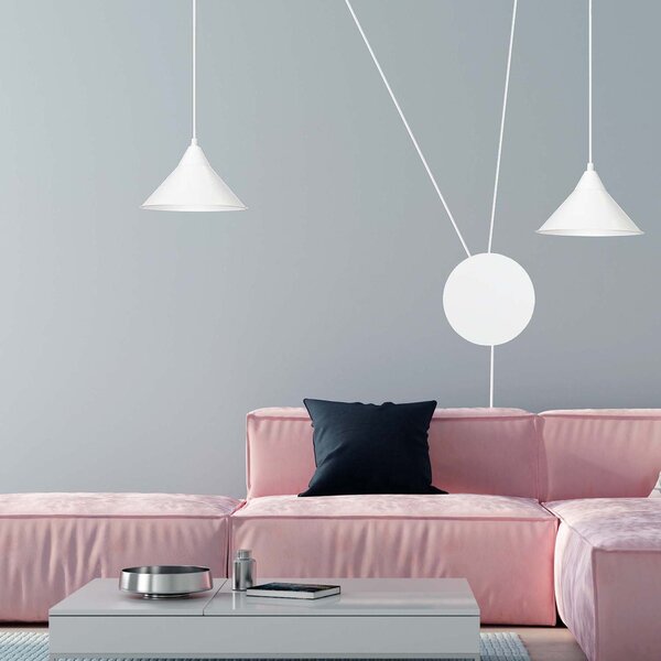 Sospensione Minimal 2 Luci Myrddin In Acciao Bianco E Paralume A Cono