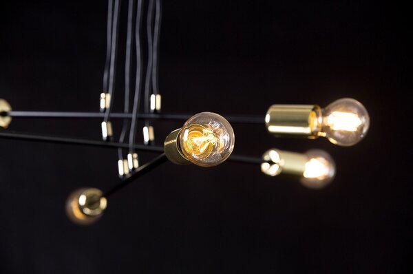 Lampadario Industrial 6 Luci Pendragon A Bracci In Acciaio Nero E Oro