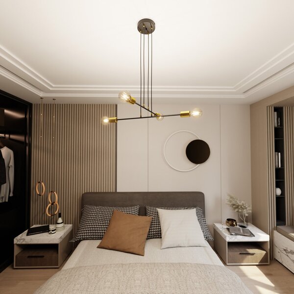 Lampadario Industrial 4 Luci Pendragon A Bracci In Acciaio Nero E Oro
