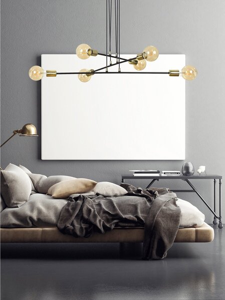Lampadario Industrial 6 Luci Pendragon A Bracci In Acciaio Nero E Oro