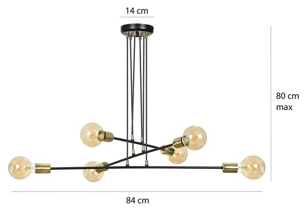 Lampadario Industrial 6 Luci Pendragon A Bracci In Acciaio Nero E Oro
