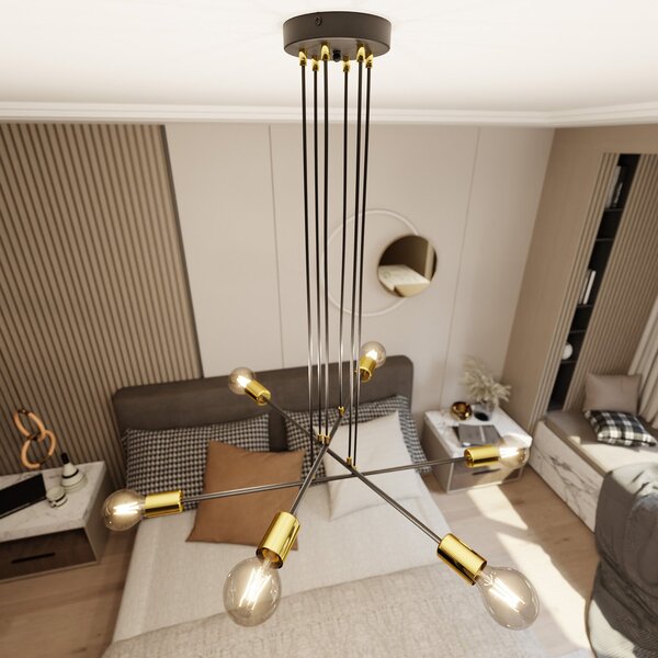 Lampadario Industrial 6 Luci Pendragon A Bracci In Acciaio Nero E Oro