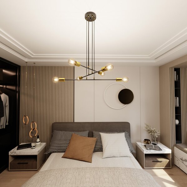 Lampadario Industrial 6 Luci Pendragon A Bracci In Acciaio Nero E Oro