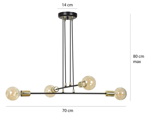 Lampadario Industrial 4 Luci Pendragon A Bracci In Acciaio Nero E Oro
