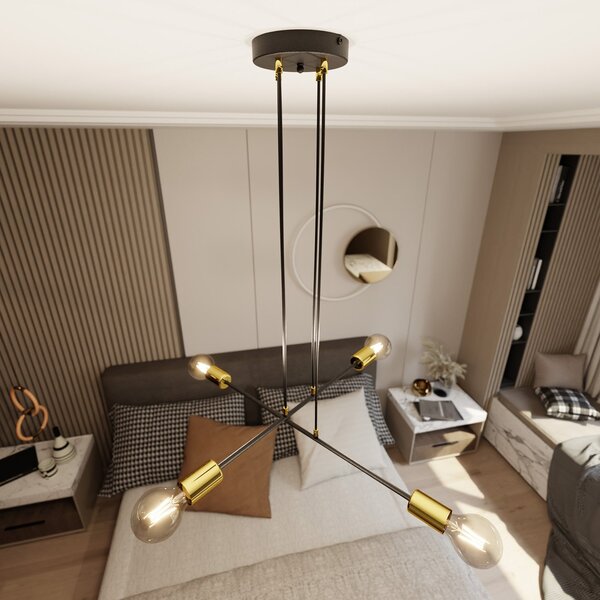 Lampadario Industrial 4 Luci Pendragon A Bracci In Acciaio Nero E Oro