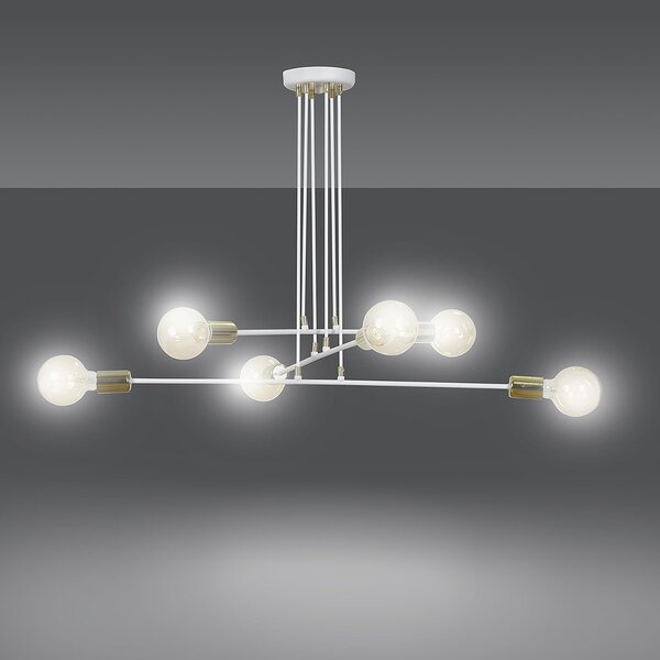 Lampadario Industrial 6 Luci Pendragon A Bracci Acciaio Bianco E Oro