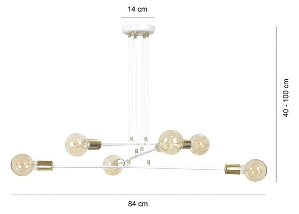 Lampadario Industrial 6 Luci Pendragon A Bracci Acciaio Bianco E Oro