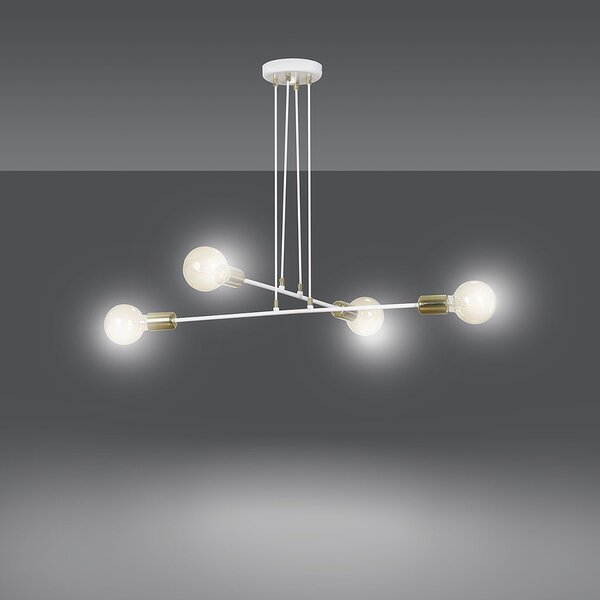 Lampadario Industrial 4 Luci Pendragon A Bracci Acciaio Bianco E Oro