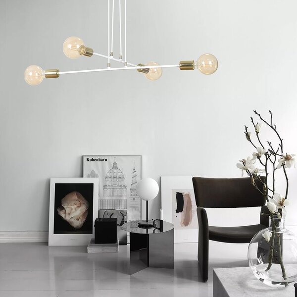 Lampadario Industrial 4 Luci Pendragon A Bracci Acciaio Bianco E Oro