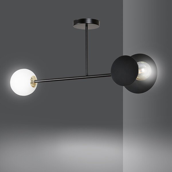 Plafoniera 2 Luci Pendragon In Acciaio Nero E Sfera In Vetro Opalino