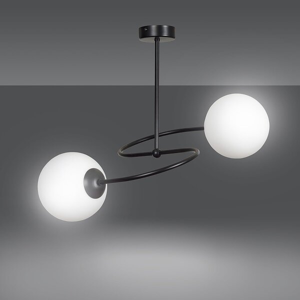 Plafoniera Moderna 2 Luci Michizane In Acciaio Nero E Sfere In Vetro Opale