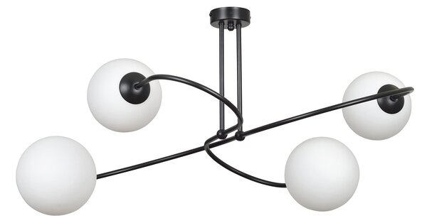 Plafoniera Moderna 4 Luci Michizane In Acciaio Nero E Sfere In Vetro Opale