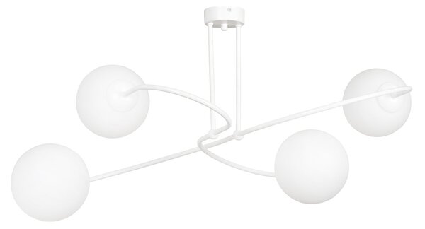 Plafoniera Moderna 4 Luci Michizane In Acciaio Bianco E Sfere In Vetro Opale