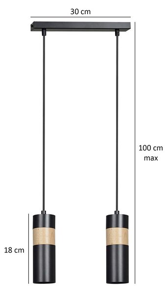 Lampadario 2 Luci Henge In Acciaio Nero A Cilindro Con Legno Naturale