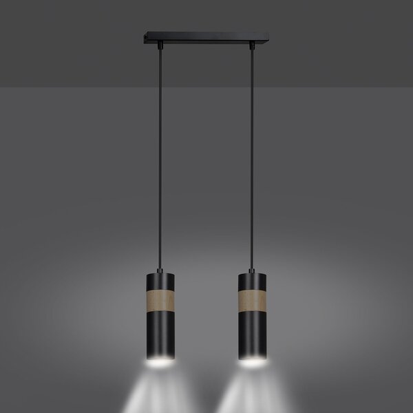 Lampadario 2 Luci Henge In Acciaio Nero A Cilindro Con Legno Naturale