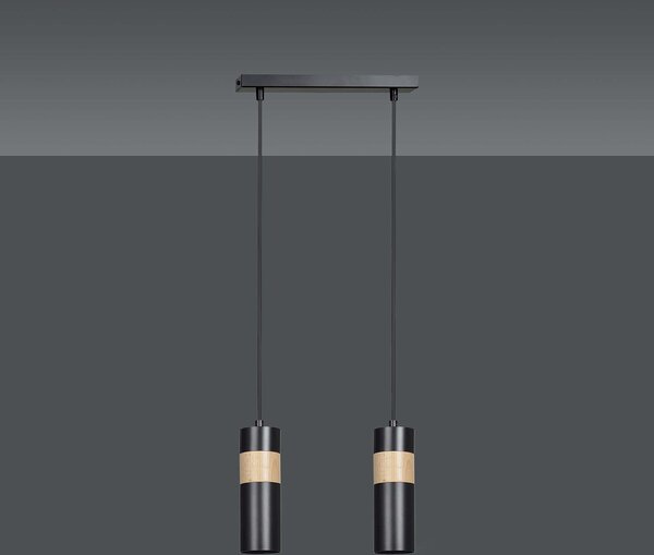 Lampadario 2 Luci Henge In Acciaio Nero A Cilindro Con Legno Naturale