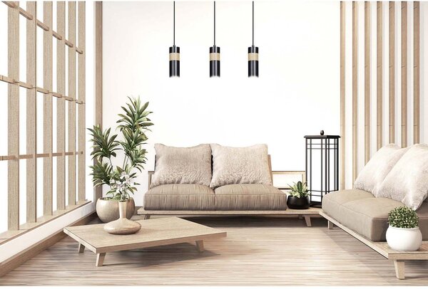 Lampadario 3 Luci Henge In Acciaio Nero A Cilindro Con Legno Naturale