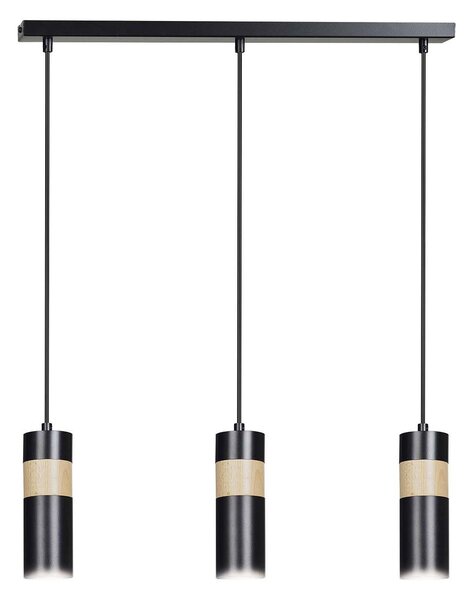 Lampadario 3 Luci Henge In Acciaio Nero A Cilindro Con Legno Naturale