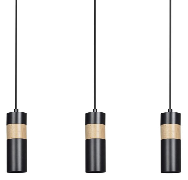 Lampadario 3 Luci Henge In Acciaio Nero A Cilindro Con Legno Naturale