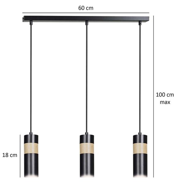 Lampadario 3 Luci Henge In Acciaio Nero A Cilindro Con Legno Naturale