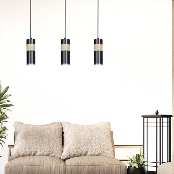 Lampadario 3 Luci Henge In Acciaio Nero A Cilindro Con Legno Naturale