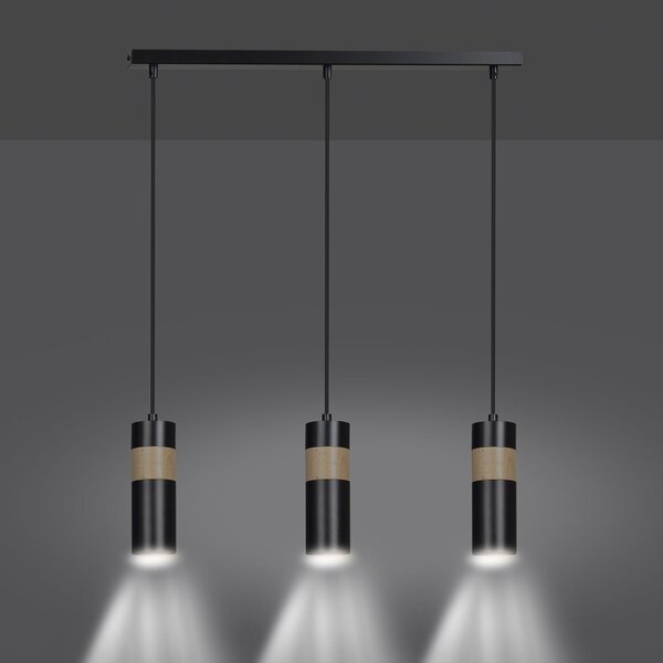 Lampadario 3 Luci Henge In Acciaio Nero A Cilindro Con Legno Naturale