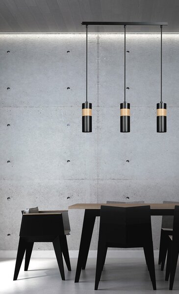 Lampadario 3 Luci Henge In Acciaio Nero A Cilindro Con Legno Naturale
