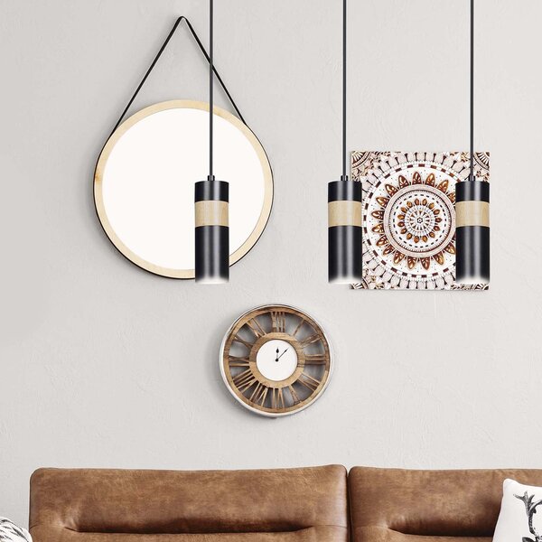 Lampadario 3 Luci Henge In Acciaio Nero A Cilindro Con Legno Naturale