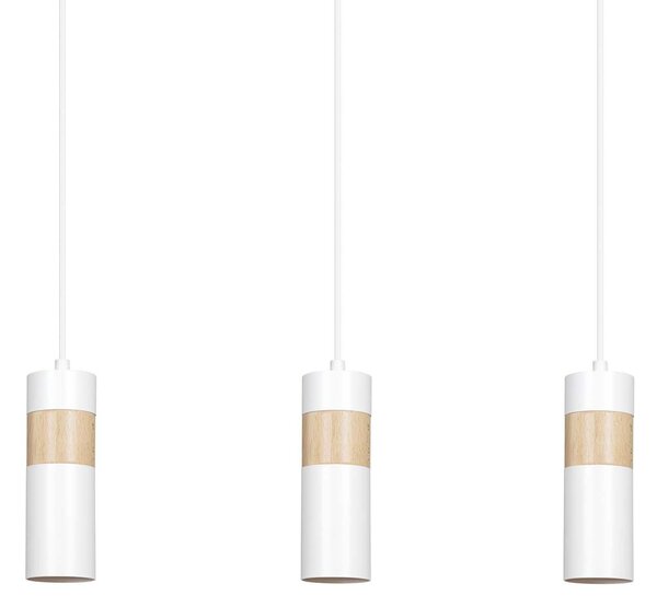 Lampadario 3 Luci Henge In Acciaio Bianco A Cilindro Con Legno Naturale