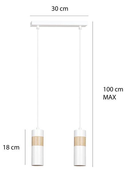 Lampadario 2 Luci Henge In Acciaio Bianco A Cilindro Con Legno Naturale